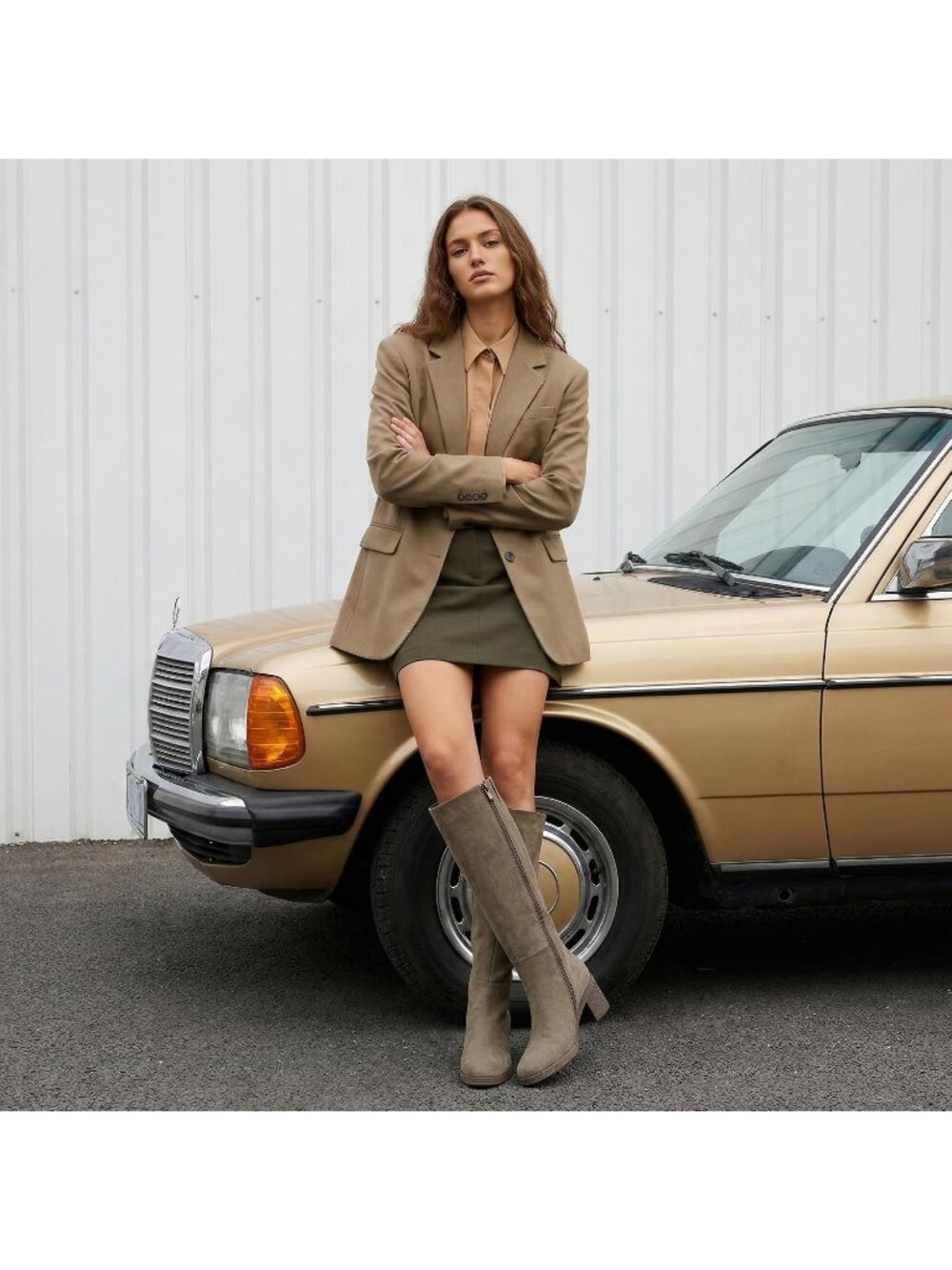 Women's Olive Suede Knee High Boots Chunky Low Block Heel Round Toe Boots - Picture 3 of 7